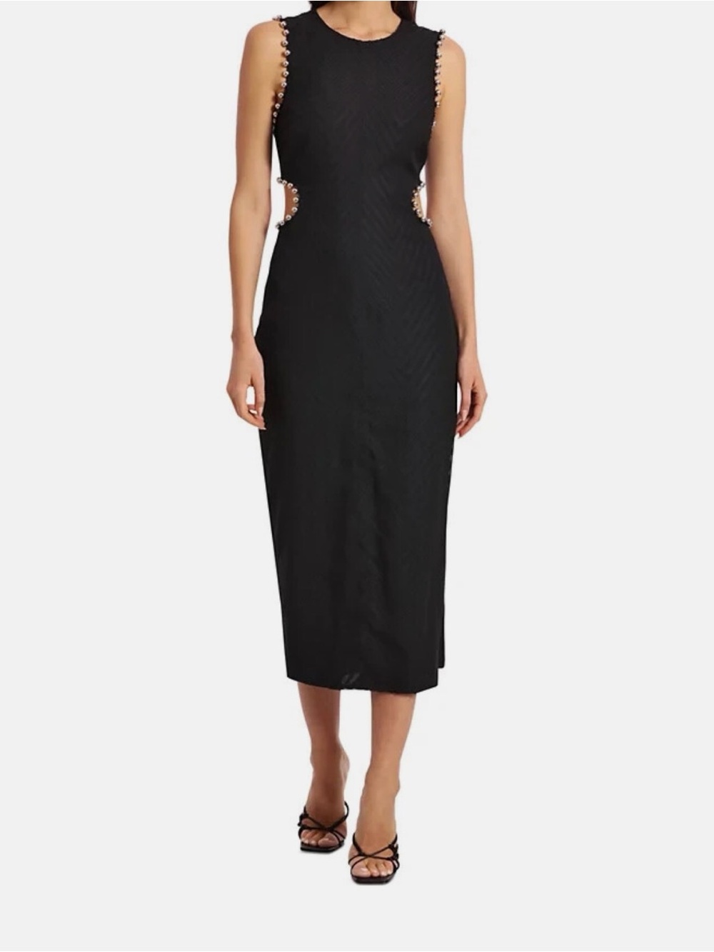 Avec Les Filles Black Sleeveless Midi Dress with Ball-Trim Cutouts